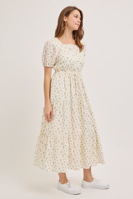 Cecilia Floral Midi Dress in Ivory