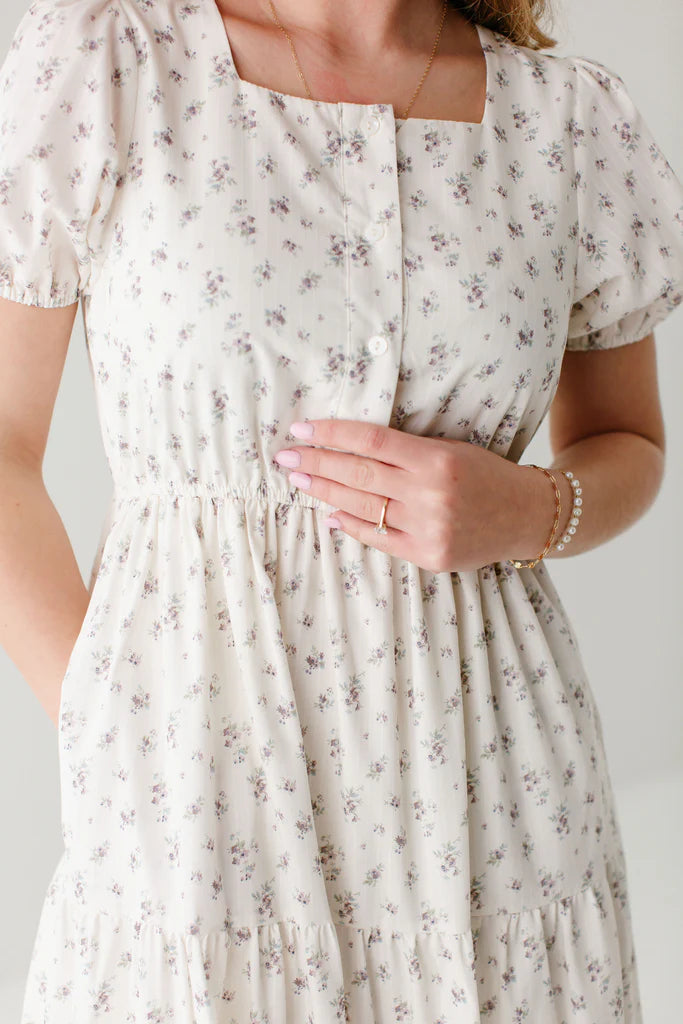 Cecilia Floral Midi Dress in Ivory