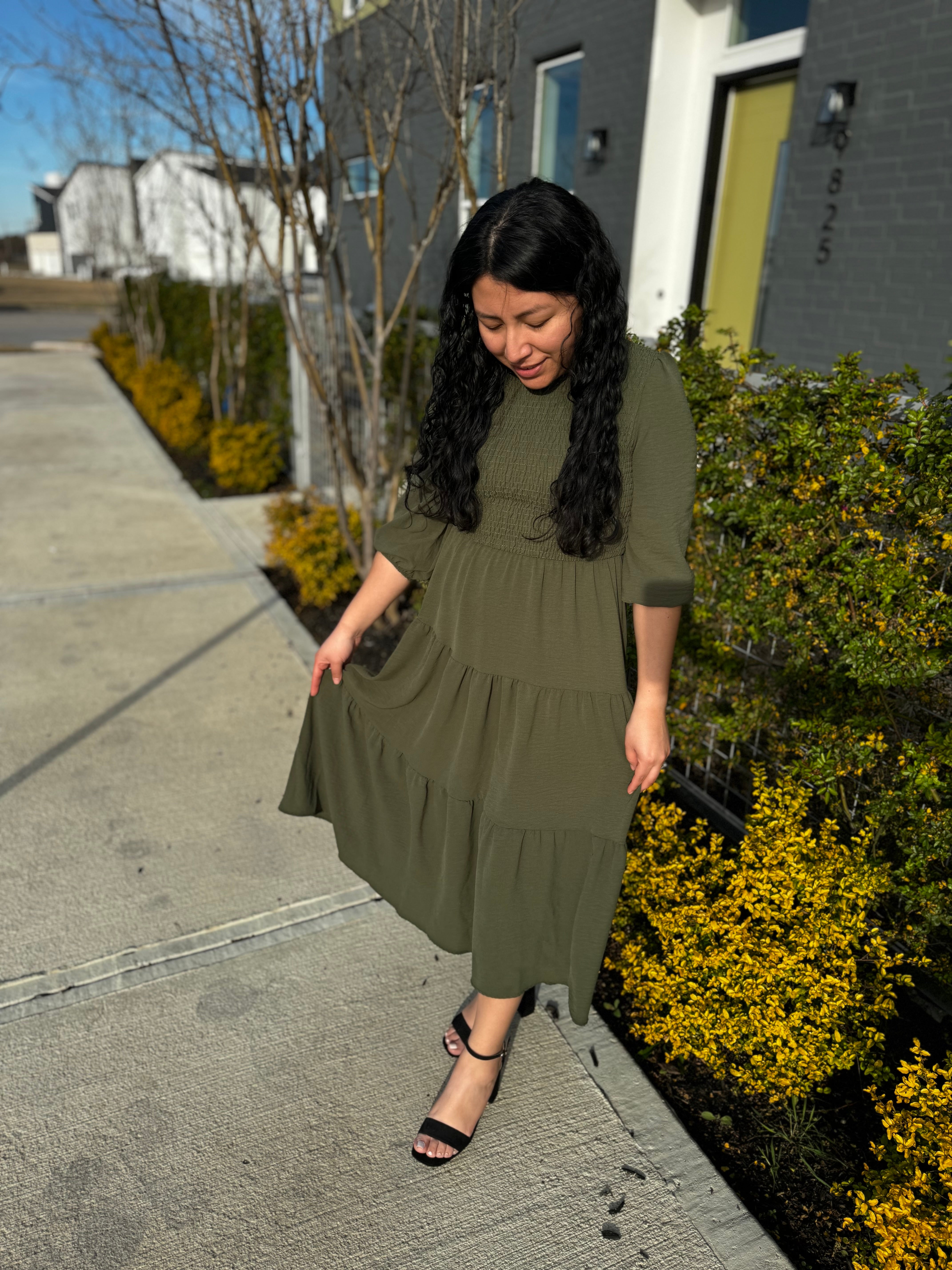 Olive Green Smocked Midi Dress Olive Green Smocked Midi Dress