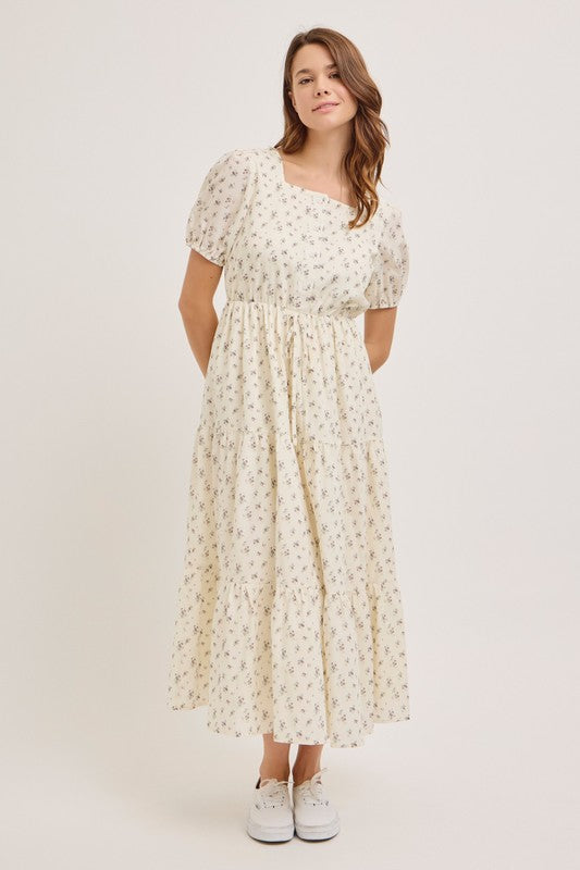 Cecilia Floral Midi Dress in Ivory