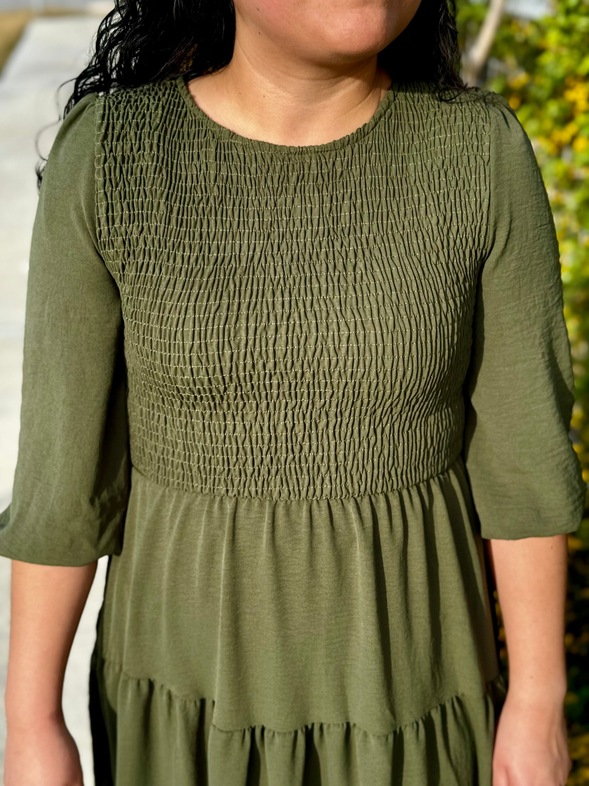 Olive Green Smocked Midi Dress SHOP TRUE VINE BOUTIQUE Olive Green Smocked Midi Dress SHOP TRUE VINE BOUTIQUE