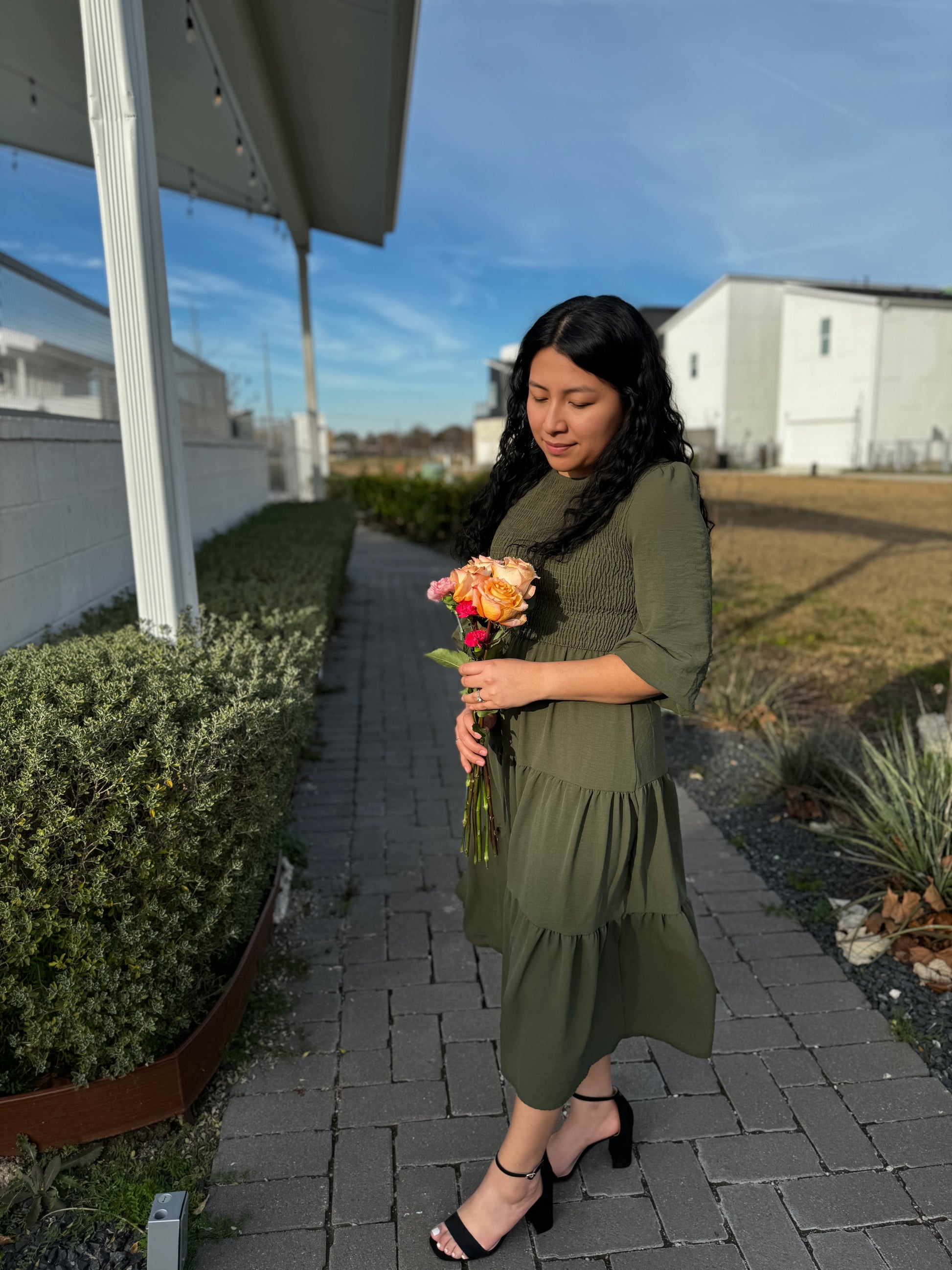Olive Green Smocked Midi Dress SHOP TRUE VINE BOUTIQUE Olive Green Smocked Midi Dress SHOP TRUE VINE BOUTIQUE